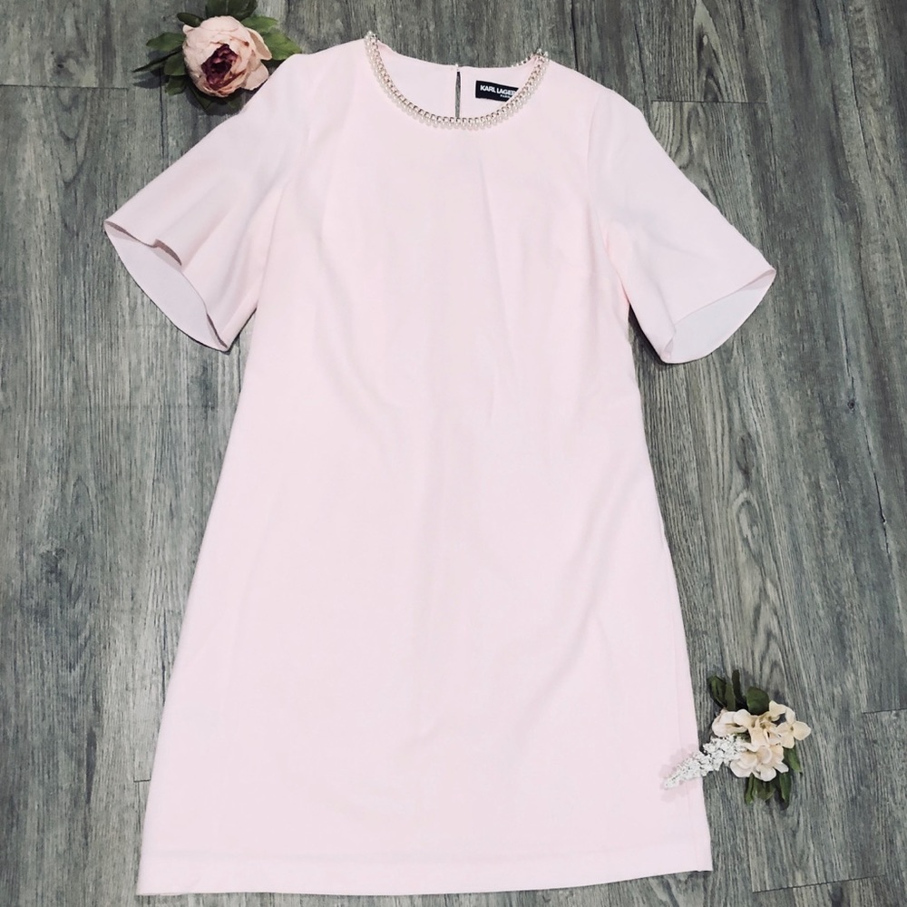 Karl Lagerfeld Pale Pink Pearl Neck Dress Size 6
